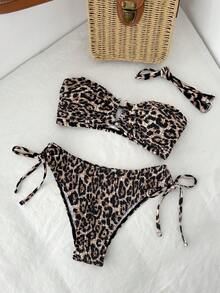 Swim Vcay Conjunto de traje de baño para mujer de verano y playa con top de bikini de tirantes desmontables con estampado de leopardo y braguita de triángulo fruncida con cordón - Multicolor - Ver 5