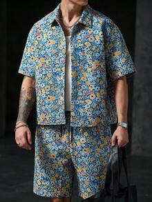 Manfinity Homme 男士成熟休閒襯衫套裝，花卉提花設計，鈕扣前襟設計，穿著方便且舒適，適合日常穿著、外出、音樂節和夏威夷海灘度假，也是送給男朋友或丈夫的理想禮物，春夏季風格 - 彩色 - 查看 6