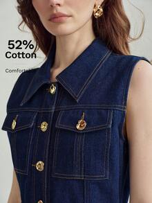 MOTF PREMIUM WOMEN'S SLEEVELESS DENIM DRESS WITH FLAP POCKETS AND BELT - Dark Wash - View 2