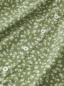 SHEIN LUNE 大尺碼女款新年度假休閒前開扣碎花印花長裙 - 綠色 - 查看 3