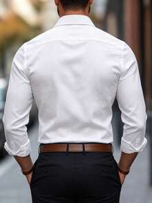 Calvornis Camisa casual de manga larga de lino texturizado de unicolor para hombre, formal - Blanco - Ver 3
