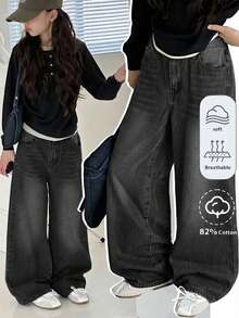 Tween Girl Casual Washed Wide Leg Jeans - Black - View 4