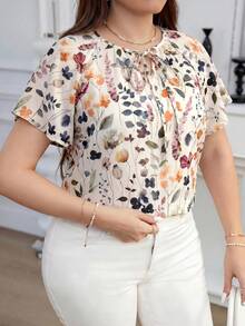 Reflora Plus Size Printed Tie-Front Summer Shirt - Multicolor - View 1