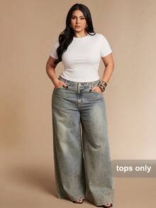 SHEIN BAE Plus Size Women's Sequin Embellished Short Sleeve Top, Spring/Summer - White - View 3