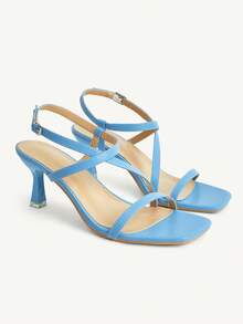CUCCOO CHICEST French Gentle Blue Stiletto Sandals, Cross-Strap Square Toe Design, Summer Versatile Outer Wear Shoes - Blue - View 2