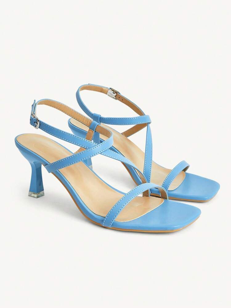 CUCCOO CHICEST French Gentle Blue Stiletto Sandals, Cross-Strap Square Toe Design, Summer Versatile Outer Wear Shoes
