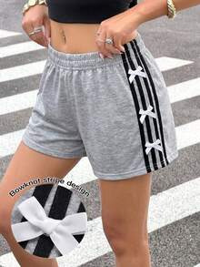 Modelyn Women's Elastic Waist Bow Decor Casual 2000s Cute Versatile Daily Wear School Shorts City Break Grey Striped Summer Back-To-School Sports - Light Grey - View 5