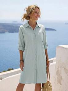 Faunlyn Women's Mid-Length Blue And White Striped Single-Breasted Short Sleeve Shirt Dress - Green - View 7