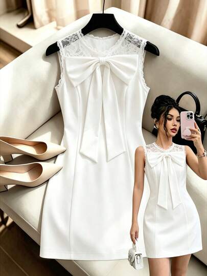 Elenzga Women's Summer New Lace Patchwork Sleeveless 3D Bow Fashion Elegant Short Dress