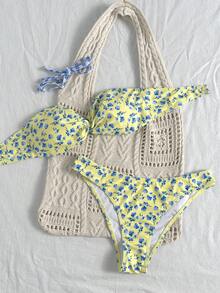 Swim Mod 女款夏季海灘度假花卉印花細肩帶比基尼三角褲兩件式泳衣套裝 奶油黃 性感熱帶風 - 彩色 - 查看 7