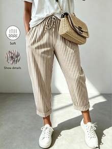 SHEIN Holidaya Women's Casual Commuter Striped Long Pants - Khaki - View 3