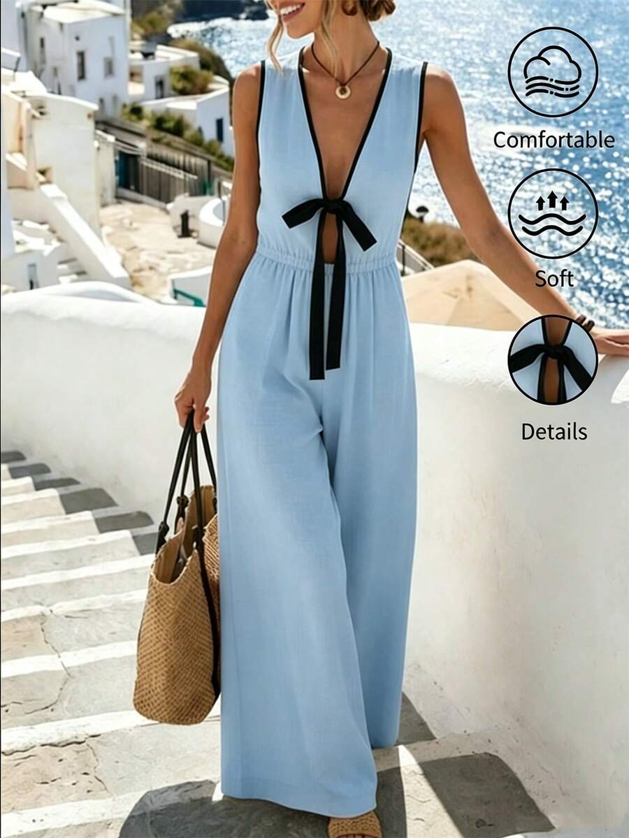 SHEIN Holidaya Mono de pierna ancha suelto con cintura plisada, color de contraste y lazo con cordones para mujer, verano, playa y vacaciones - Multicolor - Ver 1