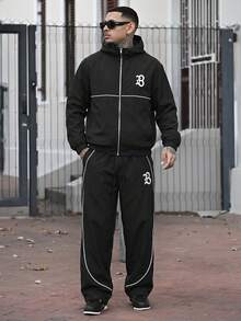 Devon Thys 男士字母印花连帽拉链夹克和撞色滚边长裤套装，男士两件套，男士街头服饰套装，男士运动服套装，慢跑服，男士慢跑套装，防风夹克/户外防风夹克，派克大衣，街头服饰，慢跑，慢跑套装，运动服套装，男士街头服饰两件套，秋季服装 - 黑色 - 查看 2