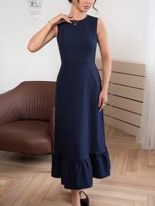Modelyn Damen Sommer Lässig Alltag Arbeit Pendeln Minimalistisch Vielseitig Einfarbig Ärmellos Taillenbetontes langes Kleid - marineblau - Übersicht 5