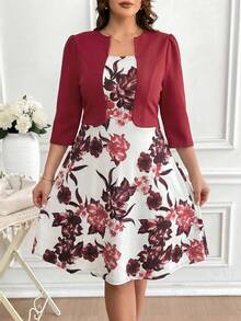 Reflora Vestido elegante de manga 3/4 con estampado floral para mujeres de talla grande, adecuado para vacaciones - Burdeos - Ver 4