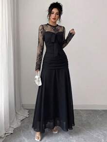 Modelyn French Design Lace Patchwork Bow Long Dress For Women - Black - View 4
