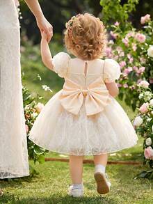 SHEIN Glamorique Kids 女嬰生日派對華麗公主蓬蓬禮服裙，蝴蝶結花卉設計，背後大蝴蝶結薄紗裙，米色，可愛，舞會禮服，畢業禮服，夏季洋裝 - 杏色 - 查看 2