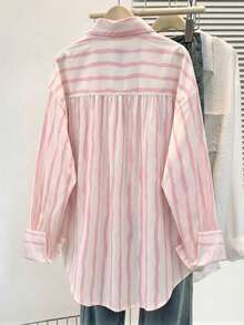 EMERY ROSE Plus Size Women's Striped Colorblock Casual Versatile Daily Outing Shirt Fall - Baby Pink - View 2