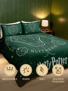 HARRY POTTER X SHEIN 三件套可爱卡通印花被套，光滑面料，柔软保暖，红色被套，多种尺寸可选，适用于单人床/双人床/大号床/特大号床 - 綠色 - 查看 7