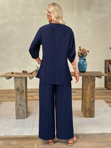 EMERY ROSE Women's Solid Color Notch V-Neck Rolled Sleeve Shirt And Pants Casual Two Pieces Set - Navy Blue - View 2