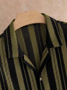 Manfinity RebelGame Men's Plus Size Summer Casual Vacation Contrast Color Striped Print Short Sleeve Shirt Vacation Olive Green - Multicolor - View 6