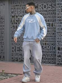 Devon Thys Men's Loose Knit Long Sleeve Pullover Sweatshirt, For Fall Winter - Baby Blue - View 5