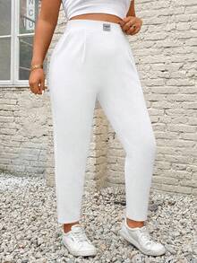 SHEIN PETITE CURVE 大尺碼女款字母印花牛仔口袋休閒百搭長褲 - 白色 - 查看 5