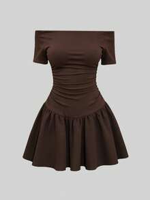 SHEIN Vestido de moda de unicolor con hombros descubiertos, manga corta y volantes para mujer - Café integral - Ver 1