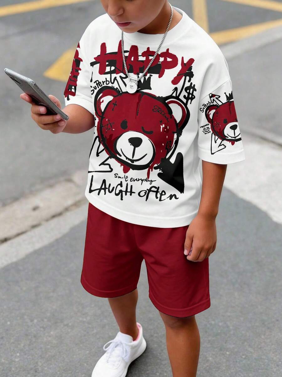 SHEIN 青少年男孩休閒舒適時尚簡約圓領短袖T恤與短褲套裝 - 彩色 - 查看 1