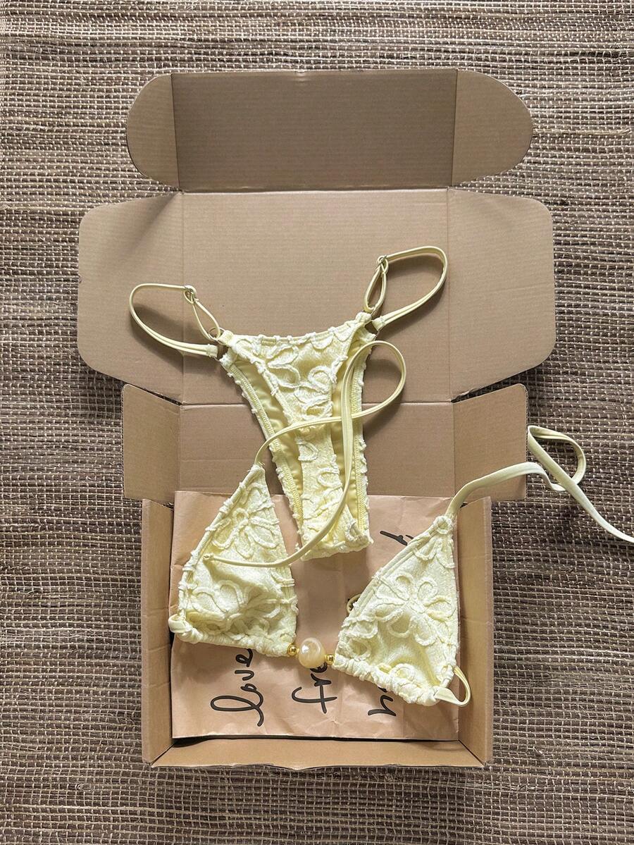 SHEIN Swim 2026春夏女款甜美度假比基尼泳衣兩件套,細肩帶掛脖設計,黃色花卉印花,附黃色配件 - 黃色 - 查看 1