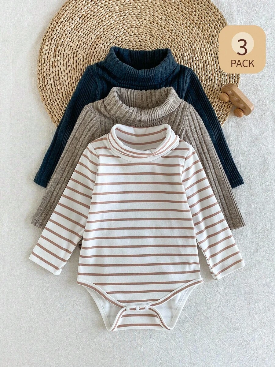 SHEIN 男嬰休閒百搭高領羅紋紋理面料長袖多件套連身衣 秋冬款 - 彩色 - 查看 1