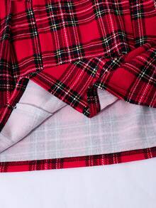 Tween Girls' 2 In 1 Plaid Dress, Long Sleeve, Collared, Bow Decor, Shirt Splicing, Fashion, Preppy Style, Autumn/Winter - Red - View 8