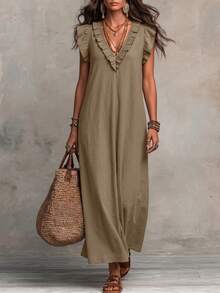 Hotletica Women's Solid Color Ruffle Hem Premium Texture Linen Casual Dress - Khaki - View 4
