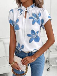 SHEIN Clasi Women's New Fashionable And Elegant Ruffle Trim Contrast Color Floral Print Blouse, Suitable For Daily Wear, Commuting And Various Occasions,Summer Top - Blue and White - View 3
