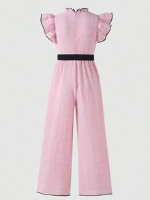 SHEIN 少女波點百褶連身褲，荷葉領、短袖、可拆卸腰帶、抓皺設計，適合日常優雅休閒、度假、派對、節日、購物 - 粉色 - 查看 2