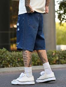 Devon Thys Men's Casual Ripped Straight Leg Blue Denim Shorts, Street Fashion For Spring/Summer - Dark Wash - View 4