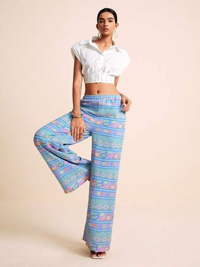 LOTSLUV Women's Spring/Summer Vacation Blue Pink Paisley Embroidered Heavy Fabric Wide Leg Long Pants Beach Boho,Women's Pants,Women's Summer Pants,Pants