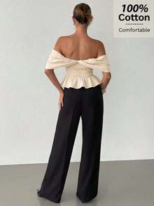 Siren Gaze Women's Linen Off-Shoulder Fitted Blouse, Off-Shoulder Shawl Style Top With Ruched Chest And Flounce Hem, Casual Vacation And Outing Cotton Shirt - Apricot - View 3