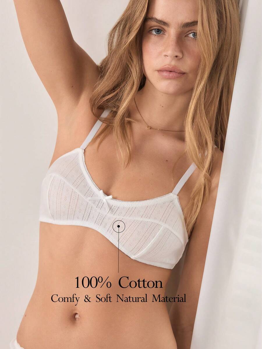 Ocili 100%纯棉提花拼接舒适休闲日常迷你杯女士文胸 - 白色 - 查看 1