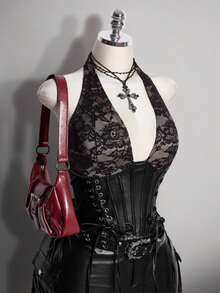 SHEIN ICON 大尺碼女款性感蕾絲拼接露背掛脖上衣，適合夏季 - 黑色 - 查看 3