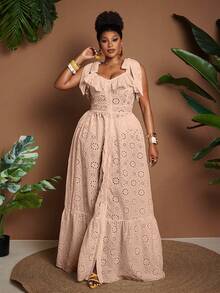 Maweii Plus Size Elegant Vacation Style Woven Embroidered Fabric Patchwork Ruffle Square Neck Tie Strap Full Skirt Dress - Sugar Pink - View 4
