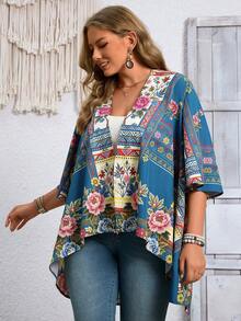 EMERY ROSE Plus-Size Vacation Casual Retro-Style Printed Cardigan, Summer And Early Autumn Sun Protection Lightweight Jacket, Retro And Fashionable Fall - Multicolor - View 5