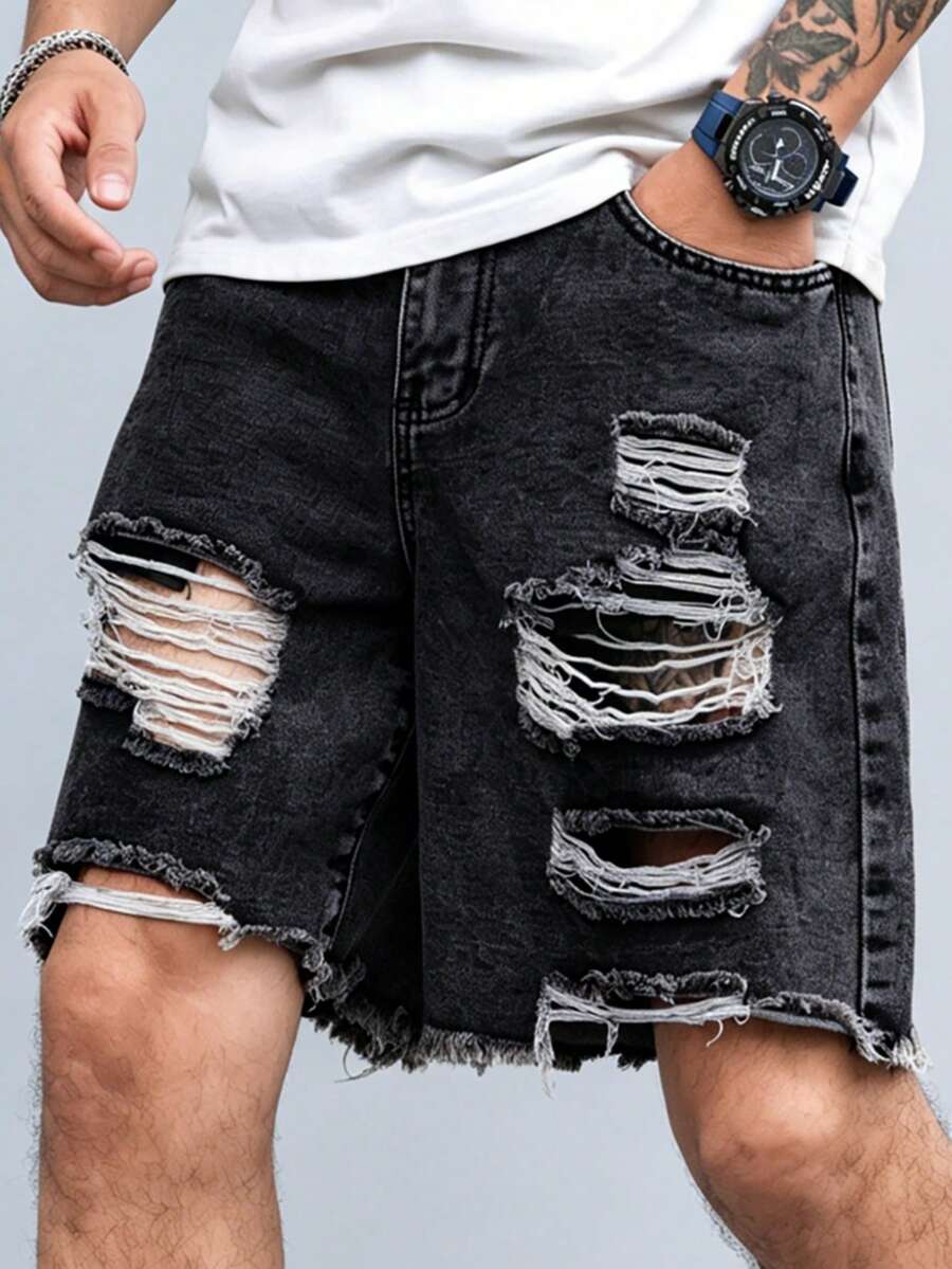 Manfinity LEGND Loose Men Cotton Ladder Distressed Denim Shorts - Black - View 1