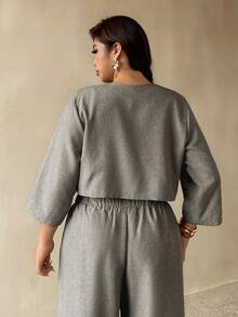 Auralis Plus Size Women Pleated Design Open Front 3/4 Sleeve Blazer Outfits Office Work Casual Elegant Summer Daily For Fall/Winter Gray - Grey - View 6
