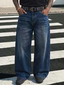 AXEPEAK 男士口袋宽松阔腿休闲百搭牛仔裤 - 藍色 - 查看 1