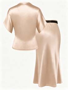 GlowEve CURVE Fashion Plus Size Women's Short Sleeve 2-Piece Set, Semi-High Neck Knit Short Sleeve Top, Fitted Bodycon Mermaid Skirt. Black Belt. Suitable For Casual Daily Wear, Fashionable And Elegant. Also Suitable For Fashionable Commuting Wear - Champagne - View 2
