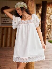 Lullawish White,Summer,Home Bohemian Style Women's Nightgown,Water-Soluble Lace Patchwork 100% Cotton Woven Fabric A-Line Doll Dress Vacation Wear - White - View 7