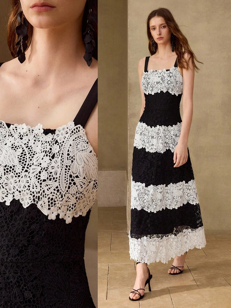 WOMEN'S FASHIONABLE CONTRAST LACE COLORBLOCK CAMI LONG DRESS