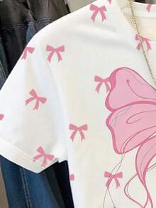 青少年女孩休閒時尚甜美精緻大蝴蝶結配迷你蝴蝶結圖案印花短袖圓領T恤，夏季上衣適用於外出、度假派對、日常穿著 - 彩色 - 查看 4
