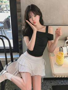 SHEIN MOD Solid Color Tank Top With Black Mesh Cover-Up Women's Top, Asymmetric, One Shoulder, Pleated - Black - View 2